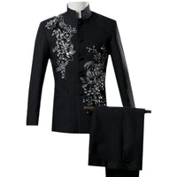 New Men Chinese Style Standing Collar Flower Suit Black / Red / Blue Fashion Homme Wedding Dance Party Dress Blazers and Pants