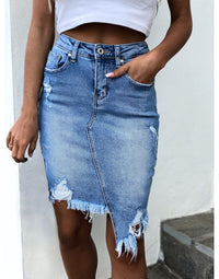 Sexy 2022 Summer New Ripped Irregular Denim Skirts For Women Fashion Street Hipster