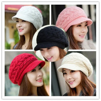 Women's winter solid color warm knitting loose beret leisure ski cap Korean version beret plus velvet thick knitting ear cap