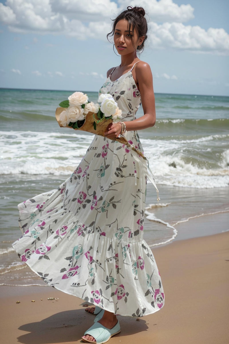 Dopamine French Sweet Style Slip Floral Chiffon Dress Summer New Seaside Atmosphere Waist-Slimming Long Dress