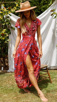 Happie Queens Women Floral Print Bat Sleeve Beach Bohemian Maxi Dress Ladies Sashes Boho Wrap Dresses Robe Bikini Cover-ups