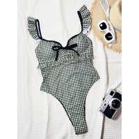 Black White Plaid One Piece Swimsuit 2025 Women Ruffle Front Tie Hollow Backless Bathing Suits Tummy Control Swimwear