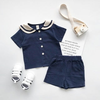 Japanese and Korean Bear Mood Navy Style Kids Sailor Collar Cotton Linen T Shirt + Pants 2pcs Summer Clothes Set Boys Girls Suit