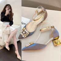 Rimocy Women Fashion High Quality Beige Wedding Shoes 2024 Bling Crystal High Heels Shoes Female Elegant Pearl Thick Heels Pumps