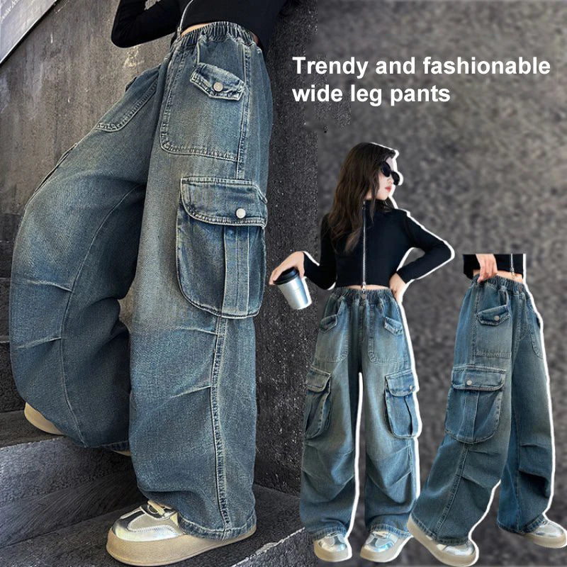 Autumn Winter New Ladies Cargo Jeans American Street Style Baggy Cargo Pants Women Blue Multi-pocket Wide Leg Jeans for Women