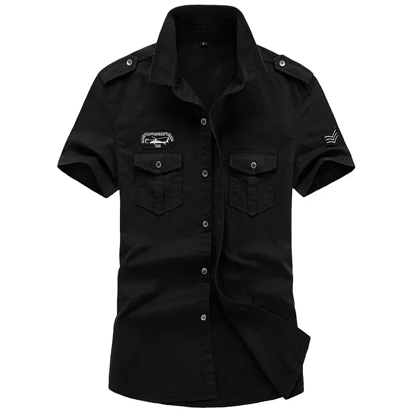 2023 New Mens Military Shirt Men Short Sleeve Cargo Shirts 100% Cotton Casual Solid Shirt Male Pocket Work Shirt