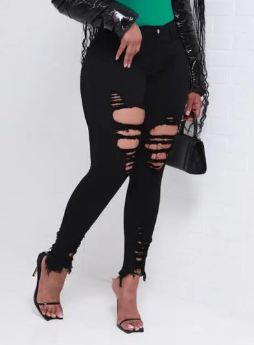 Women's Ripped Pencil Pants 2023 Fashion Street Hipster Personality Ripped Elastic Skinny Denim Trousers Sexy Black Pencil Pants