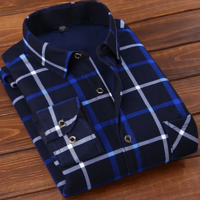 2025 Men's Winter Warm Long Sleeve Plaid Shirts Flannel Fur Lined Thick Formal Shirts Fleece Casual Shirt for Men Dress Shirts