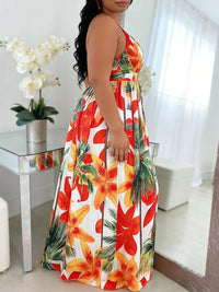Plus Size Women's Dress Halter Neck Deep V Tropical Print High Waist Maxi Dress Boho Spring Summer Beach Vacation Light Dress