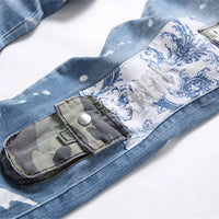 New 2024 Fashion Camouflage Matching Color Jeans Mid-Waist Hole Three-Dimensional Pocket Men's Printed Casual Pants