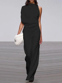 Spring And Summer Simple Solid Color Fashion One-shoulder Pile Collar Jumpsuit British Style Mid-waist Pleated Hollow Jumpsuit
