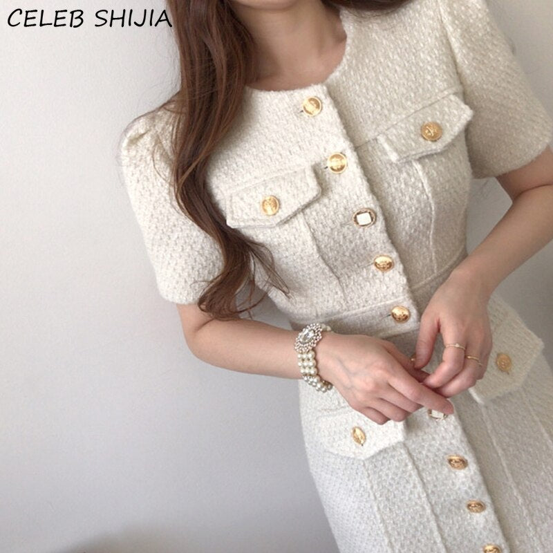 Beige Tweed Dress for Woman Single-breasted Pocket Short-sleeve Elegant Dress Vestido O-neck Vintage Party Dresses Fall