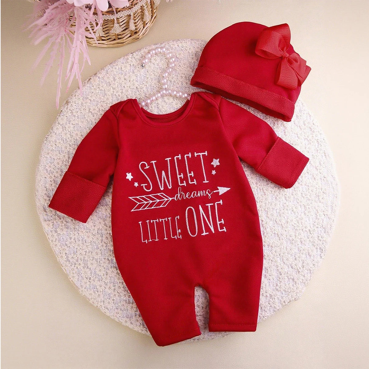 Ylsteed Newborn Photography Romper Jumpsuit with Bow Hat 'Hello World' Embroidery Infant Props for Coming Home Outfit Baby Gift