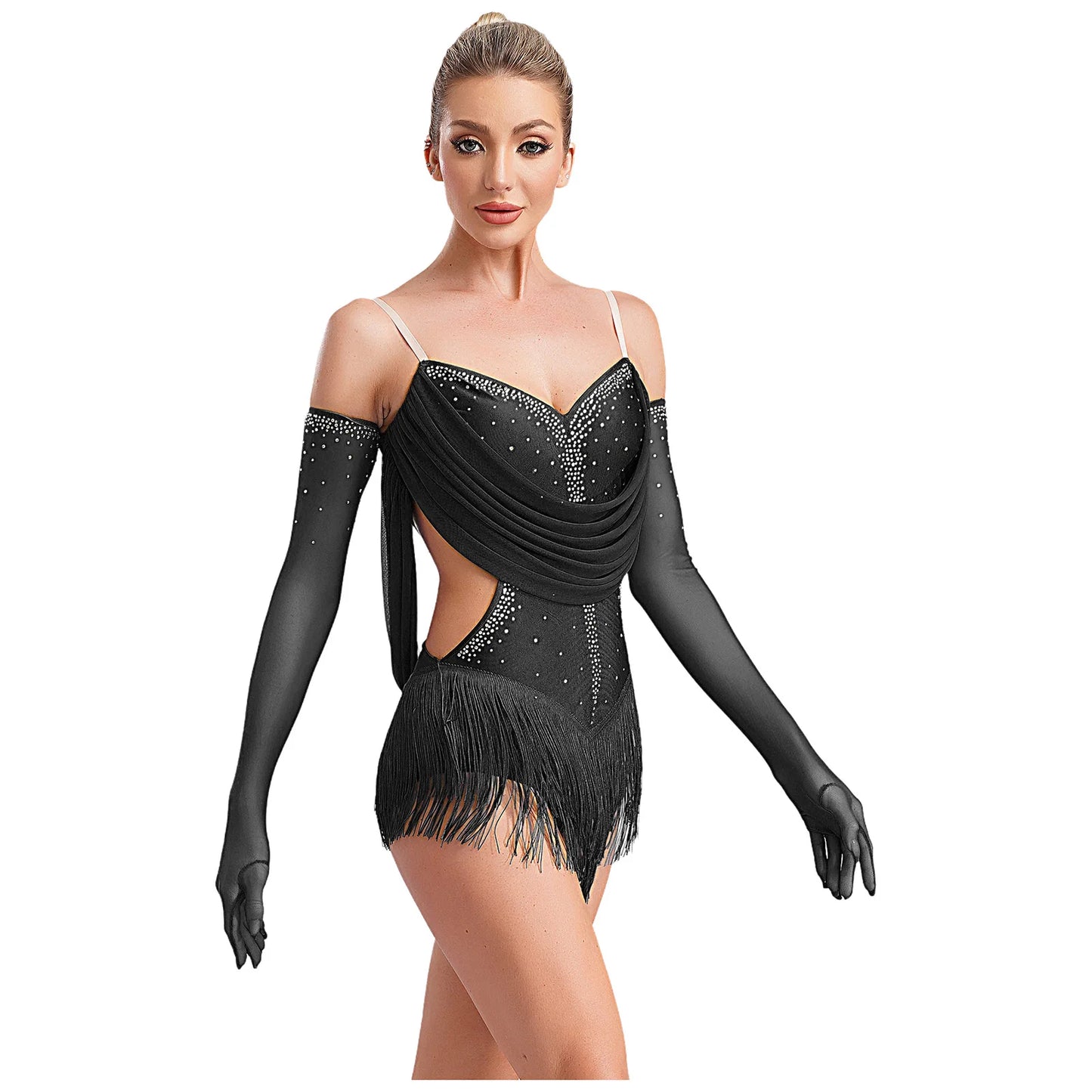 Womens Tassel Jazz Latin Dance Leotard Dress Glittery Rhinestones Adjustable Straps Cutout Fringed Bodysuit with Gloves