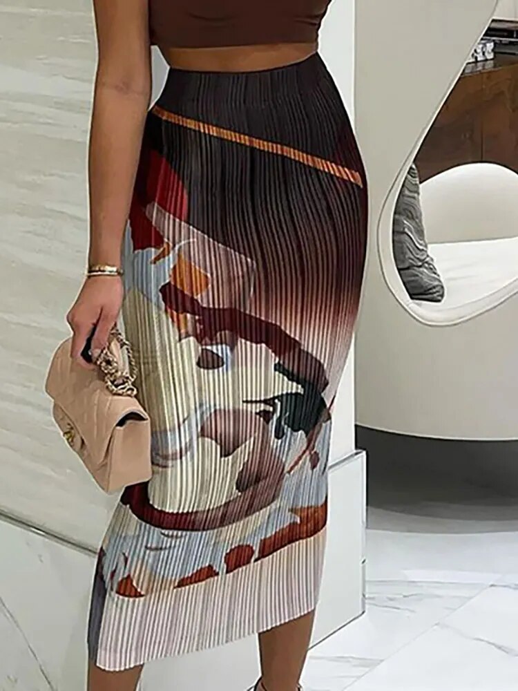 Vintage Art Print Y2K Slim-Fit Long Skirt Women Casual Commuting Elegant Wild Mid Skirt Trend Party Activity Bottoms