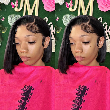 Straight Bob Wig Short Bob Lace Front Human Hair Wig For Black Women Bone Straight 180% Density Brazilian Hair with 4X4 Closure