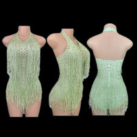 Sparkly Rhinestones Fringe Bodysuit WomenVightclub Party Dance Costume Stage Wear SexyTassel Leotard Performance Clothing G7