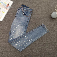 European Station Beaded Jeans Women's Summer 2025 New Versatile Ripped Elastic Skinny Small Foot Nine-point Pants