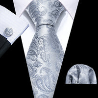 Barry.Wang Black White Gray Silver Men Tie Handkerchief Cufflinks Set Jacquard Necktie for Male Wedding Business Party Gift