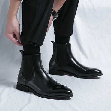 Men's Boots Business Ankle Boots Red Sole Pointed Toe Dress Boots British High Top Leather Shoes Slip-On Casual Men Chelsea Boot