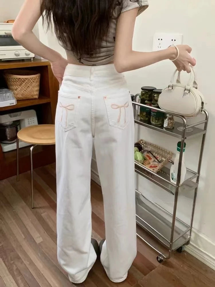 2024 Blue Jeans for Women High Quality High Waist American Wide Leg Pants Bow Embroidery Y2K Vintage Straight Summer Trousers