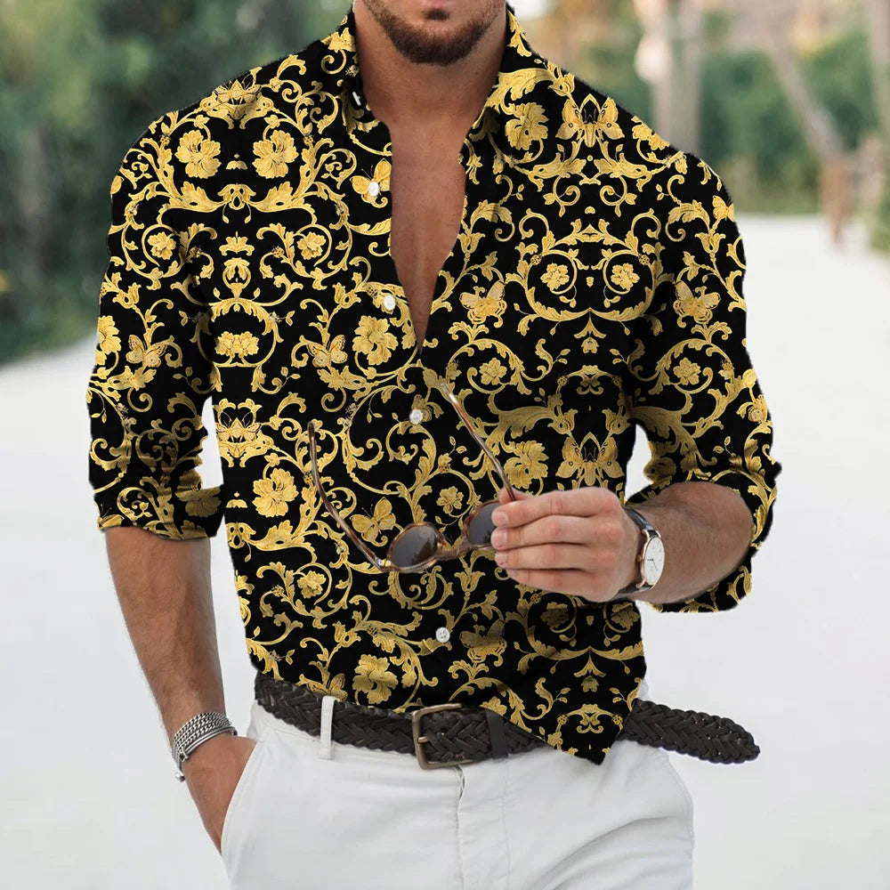 New Luxury Style Print Men's Turn-down Collar Button Shirt Casual Long Sleeve Shirt Fashion Streetwear Trend Tops Comfortable