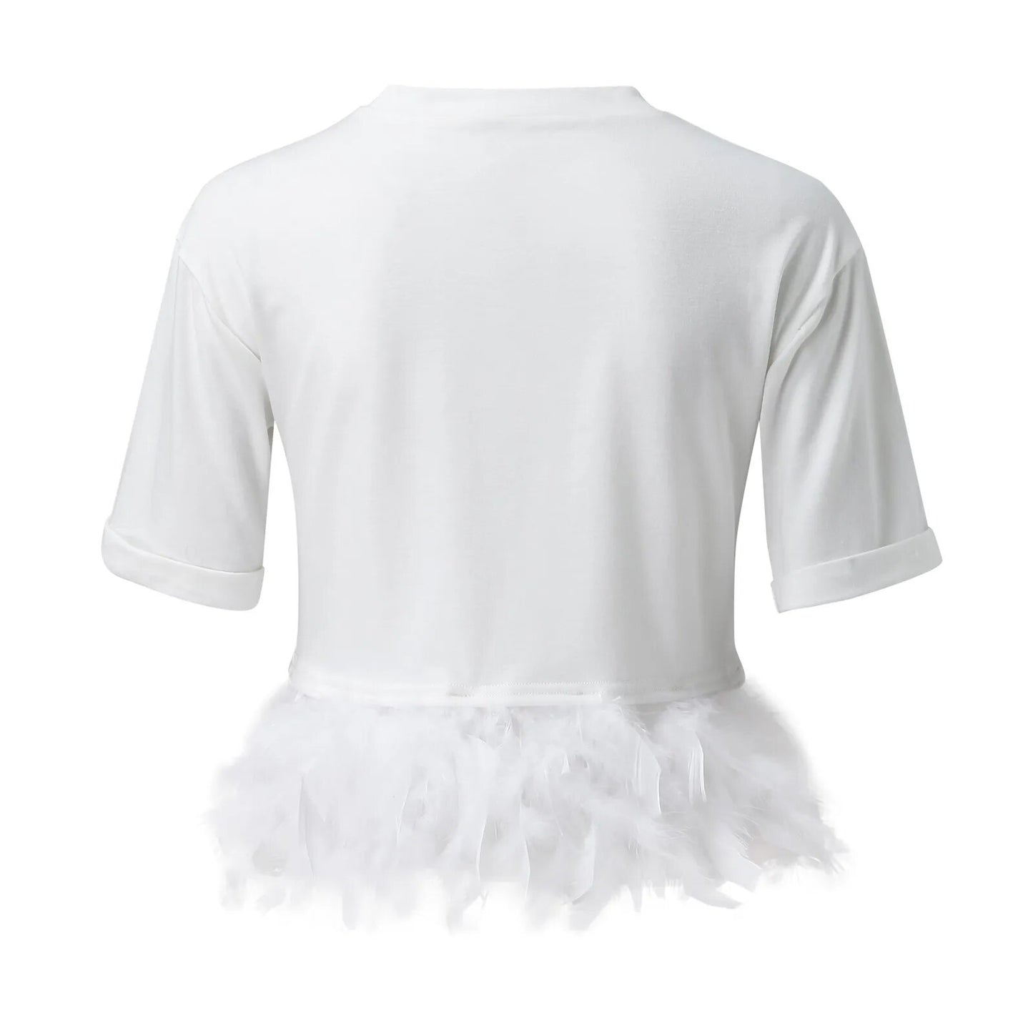 2023Short Sleeve Feathers Crop Top Women Black Summer White Furry O-neck T Shirts Female Elegant Y2k Sexy Club Party Tops