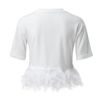 2023Short Sleeve Feathers Crop Top Women Black Summer White Furry O-neck T Shirts Female Elegant Y2k Sexy Club Party Tops