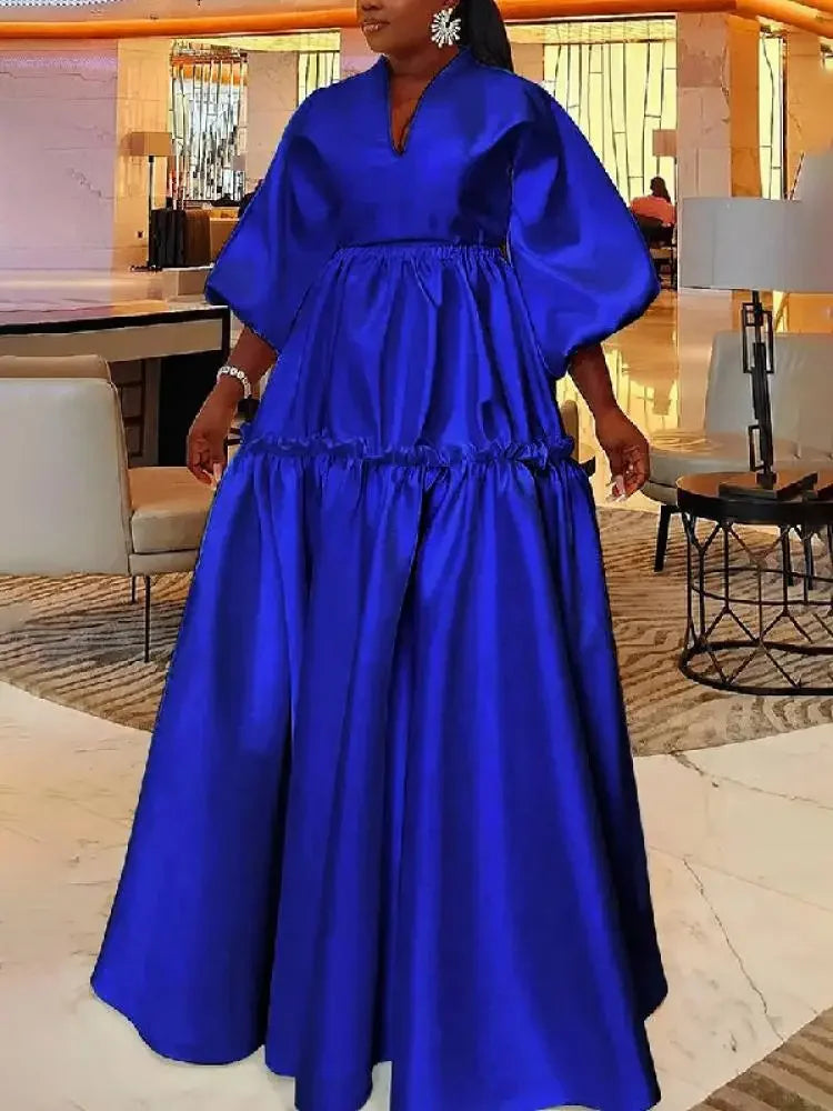 Women Minimalist Solid Color Puff Sleeves Falbala Party Evening Dress  New Spring Autumn Loose Casual Maxi Dresses
