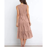 2023 Women Casual Sleeveless Dress Summer Outfits Smocked Tiered A-Line Large Swing Sundress Elastic Waist Solid Color Y1QD
