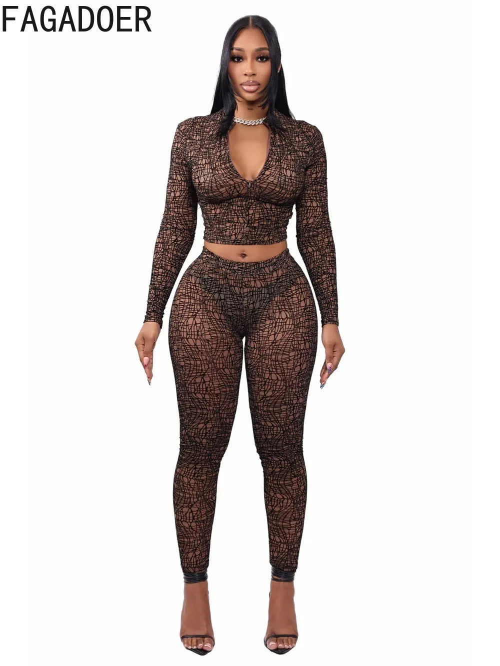 FAGADOER Sexy Stripe Patchwork 2 Pieces Set for Woman Outfit Solid Long Sleeves Crop Top and Leggings Pants Female Streetwear