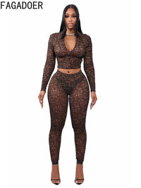 FAGADOER Sexy Stripe Patchwork 2 Pieces Set for Woman Outfit Solid Long Sleeves Crop Top and Leggings Pants Female Streetwear