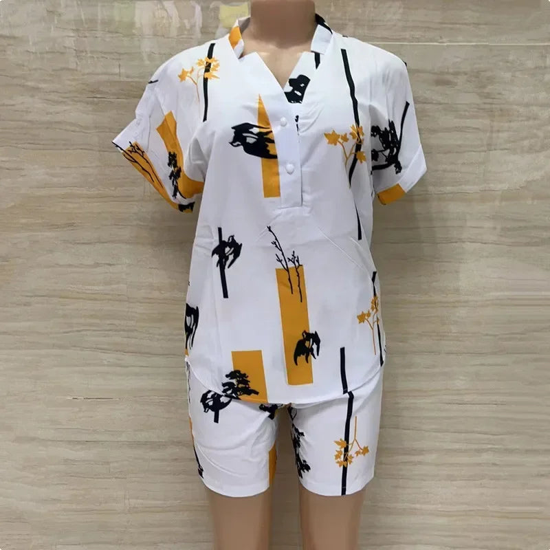 African Fashion Streetwear Two Piece Set for Women Summer Outfits Printed Short Sleeve Shirt Top Short Sets Matching Sets