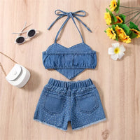 2022-12-29 Lioraitiin 0-6Years Toddler Girl Summer Clothes 2Pcs Outfits Dot Print Heart Denim Camisole Ripped Jeans Shorts