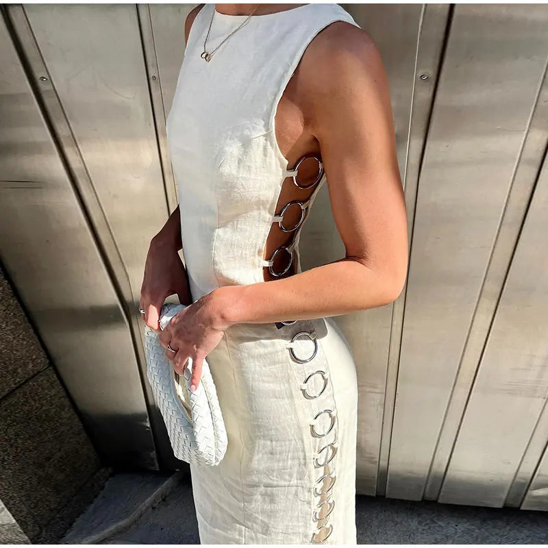 Sexy Hollow Out Iron Ring Connected Dress Women Elegant O Neck Sleeveless Maxi Dresses 2024 Spring Chic Female Party Streetwear