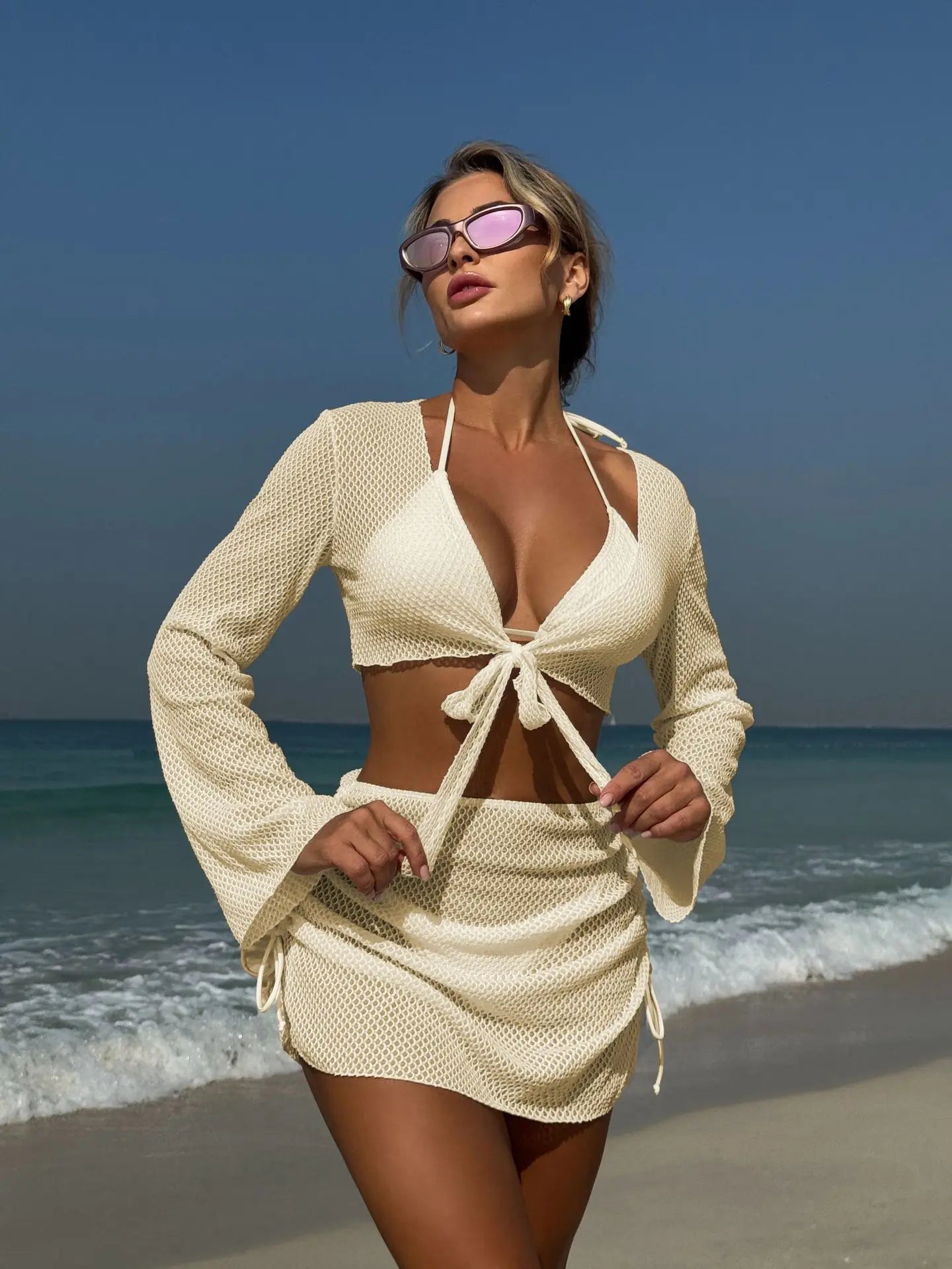 2025 new solid color summer new beach vacation style four-piece split swimsuit