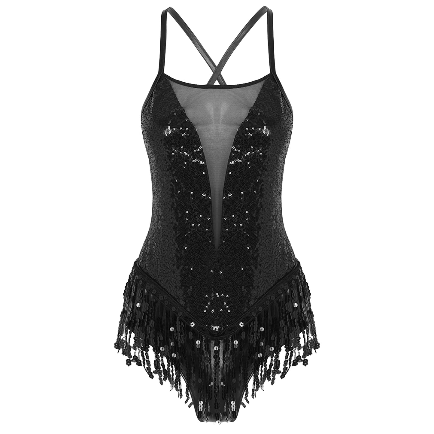Womens Sparkly Tassel Bodysuit Sequins Gymnastics Ballet Dance Leotard Fringed Jumpsuits Latin Jazz Dance Performance Costume