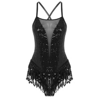 Womens Sparkly Tassel Bodysuit Sequins Gymnastics Ballet Dance Leotard Fringed Jumpsuits Latin Jazz Dance Performance Costume