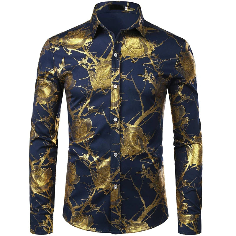 2024 New Men's Gold Shirt 3D Rose Print Slim Fit Button-Down Party Dress Shirt Athleisure Fashion Comfortable Long Sleeve