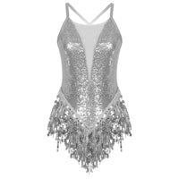 Womens Sparkly Tassel Bodysuit Sequins Gymnastics Ballet Dance Leotard Fringed Jumpsuits Latin Jazz Dance Performance Costume