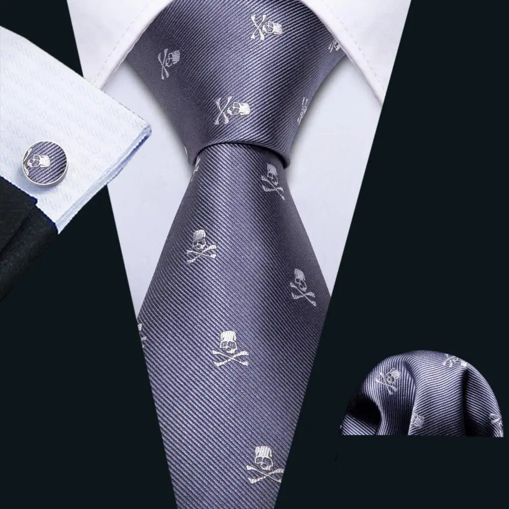 Barry.Wang Black White Gray Silver Men Tie Handkerchief Cufflinks Set Jacquard Necktie for Male Wedding Business Party Gift