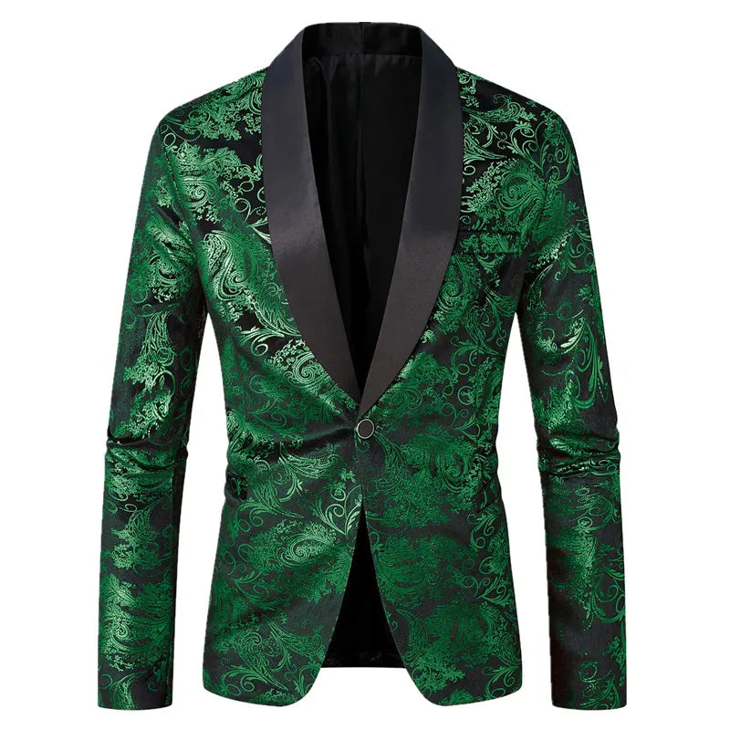 Burgundy Men's Long-sleeved Suit Jacket, Purple Printed Black Collar Single-button Coat, Wedding/Party/Stage Performance Blazers