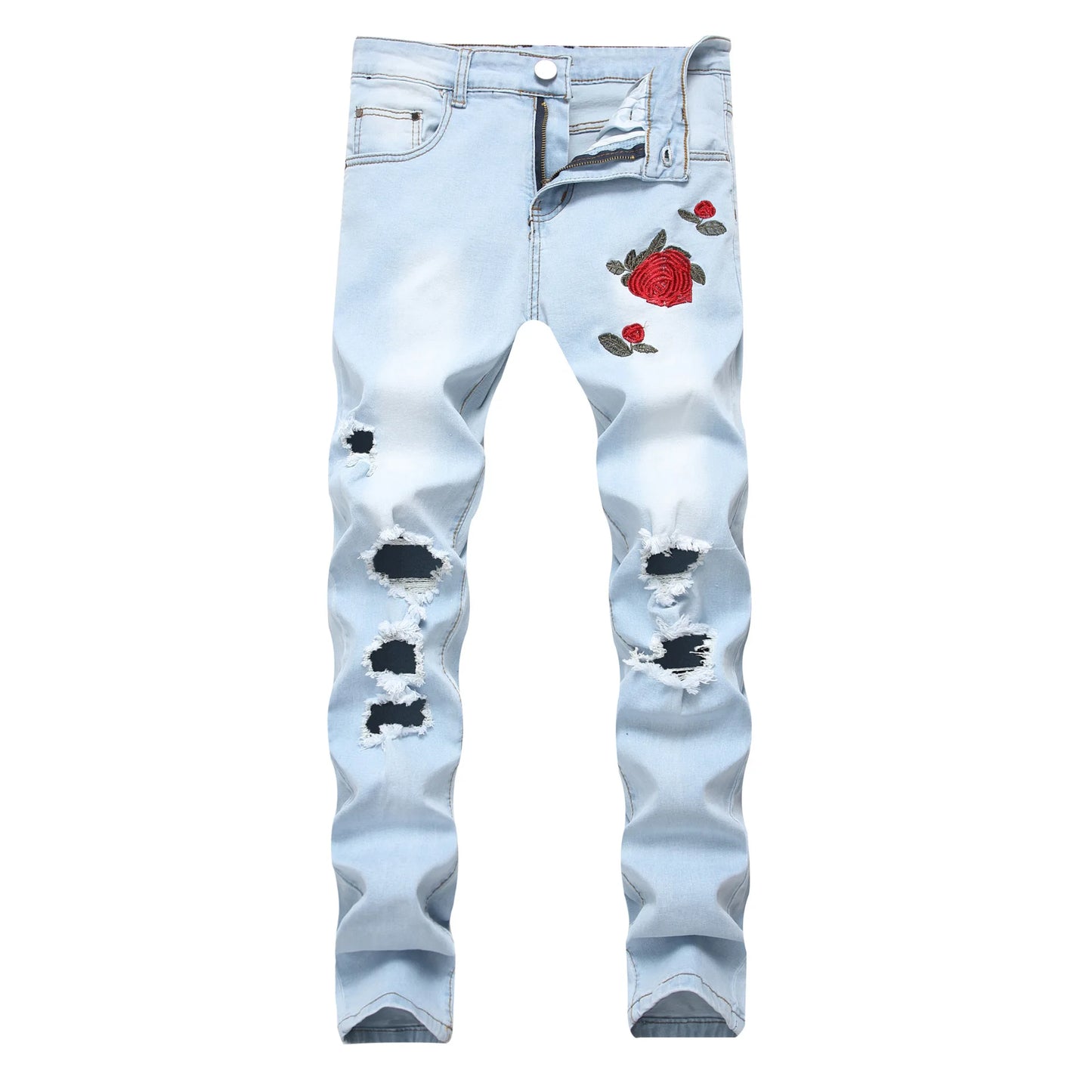 European and American Men's Casual Jeans with Embroidered Roses, Fashionable Ripped, Slim-fit, Stretch, Ankle-length Trousers
