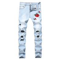 European and American Men's Casual Jeans with Embroidered Roses, Fashionable Ripped, Slim-fit, Stretch, Ankle-length Trousers