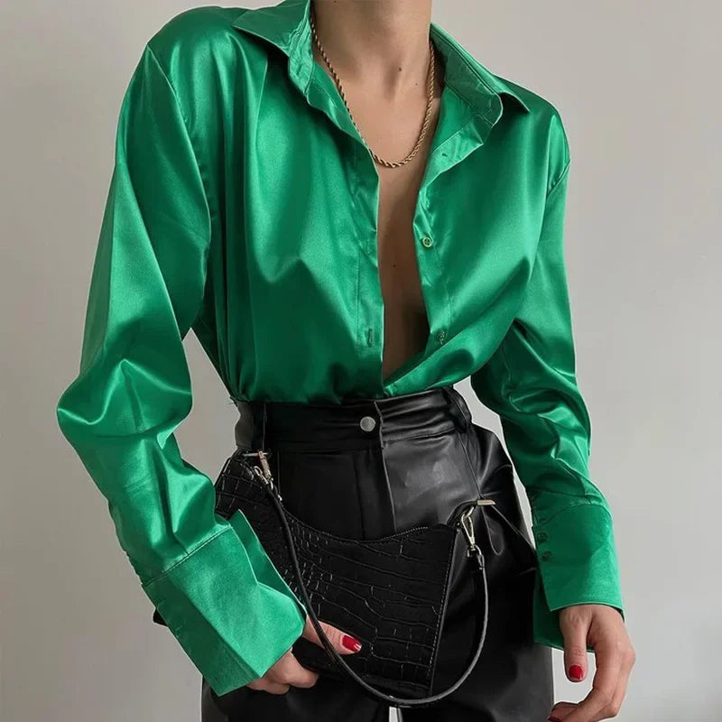 Fashion Long Sleeve Satin Women Shirts Office Lady Elegant Loose Silk Blouses Button Up Tops