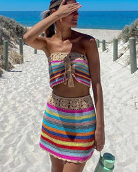 Sexy Colorful Striped Strapless Crochet Tube Crop Top and Skirt Summer Beachwear 2 Piece Set