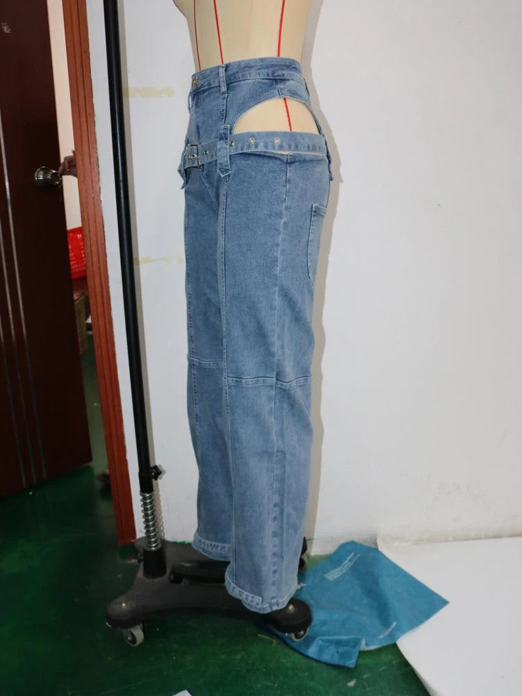 Women Sexy Belt Cut Out Jeans Fashion Streetwear Blue Washed Denim Pants 2025 Fall Winter High Waist Straight Leg Jean Trousers