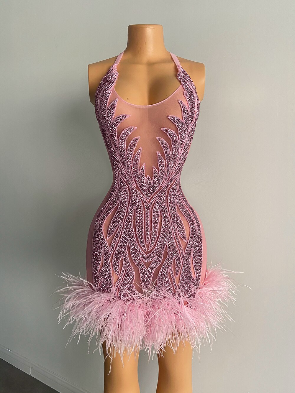 Stunning Sexy See Through Sheer Women Birthday Party Gowns Halter Sparkly Pink Feather Diamond Black Girl Short Prom Dresse 2023