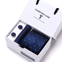 High Quality 7.5 cm Stripe Blue Tie Pocket Square Cufflinks Set For Men Gift Box Wedding Gravatas Fit Workplace