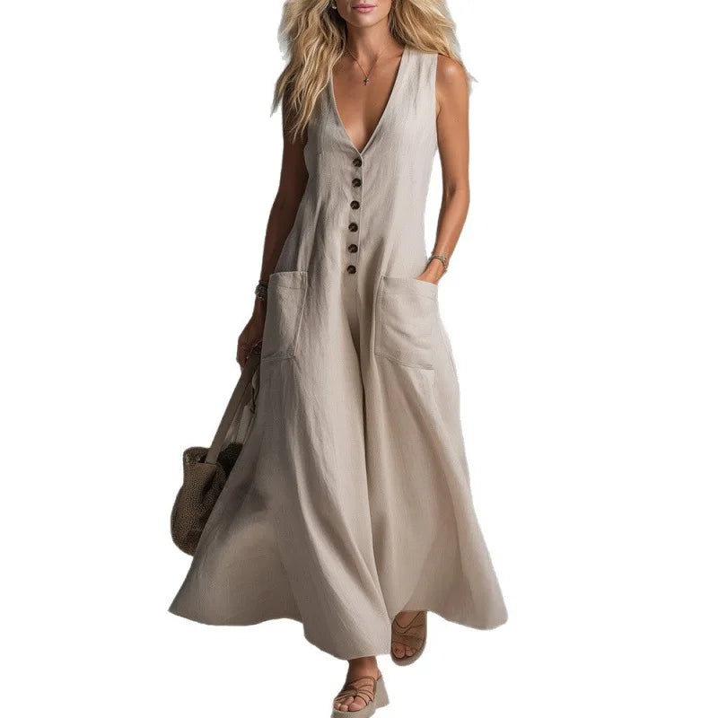 2026 Spring Summer Women Solid Color Deep V Neck Casual Dress With Patch Pockets
